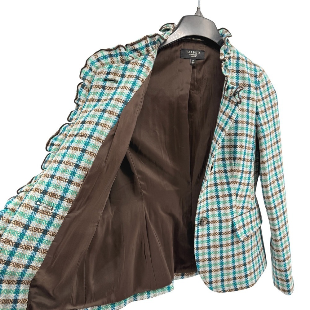 Talbots 100% Wool Blazer Women 2P Pre-Owned Plaid Blue Ruffle Elbow Patch Jacket - Picture 4 of 11